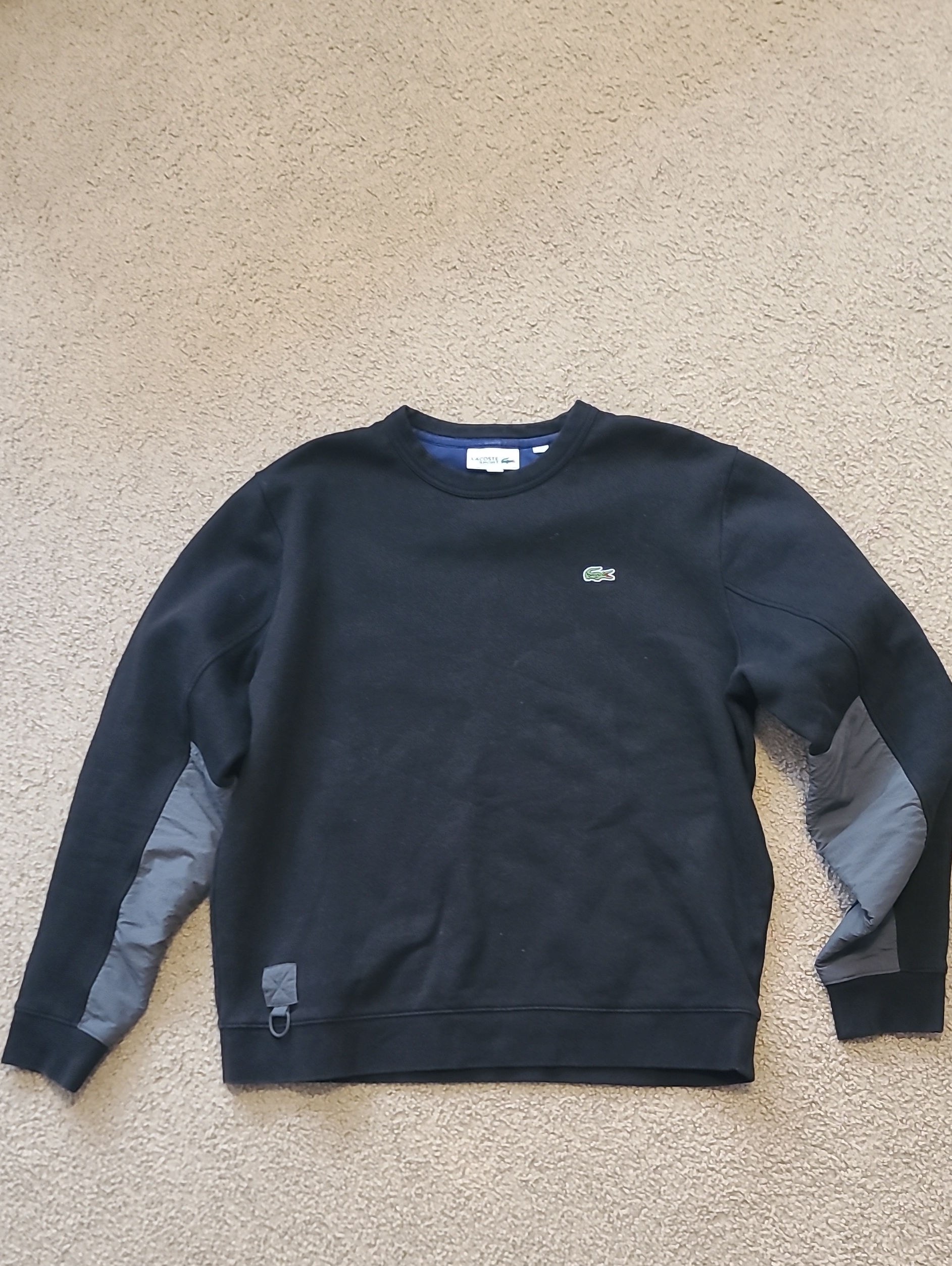 Men's L, Lacoste Black Crewneck Sweatshirt With Gray Sleeve Panels